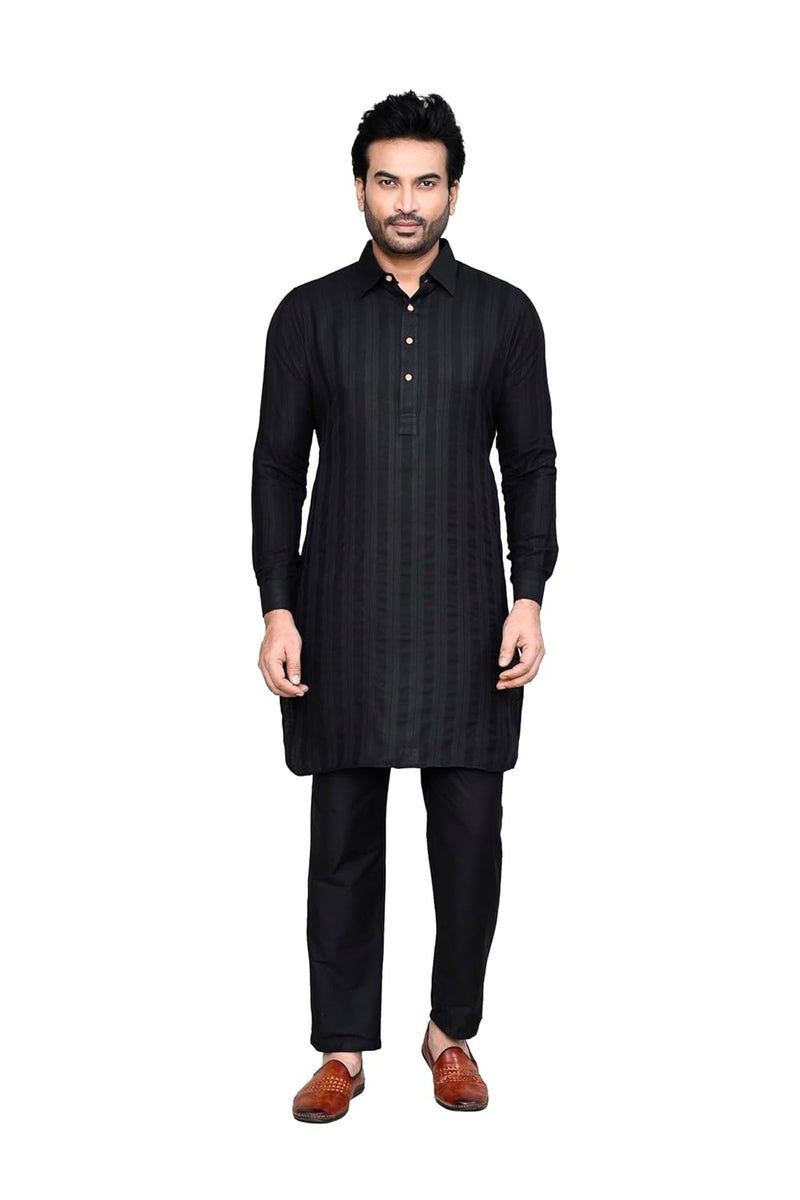 Polyfab Hathkargha Men's Long Sleeve Striped Kurta with Shirt Collar & Pant Set - Comfortable Cotton Blend Ethnic Wear - Image 1